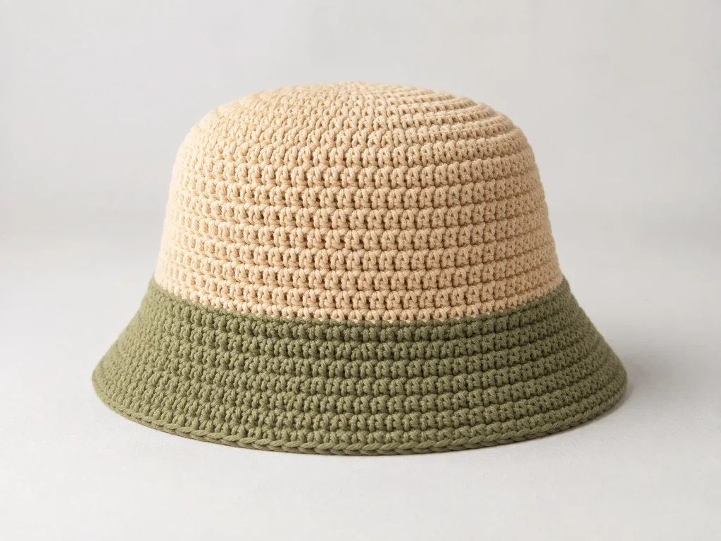Cream-and-olive crochet bucket hat showing the intended finished shape.