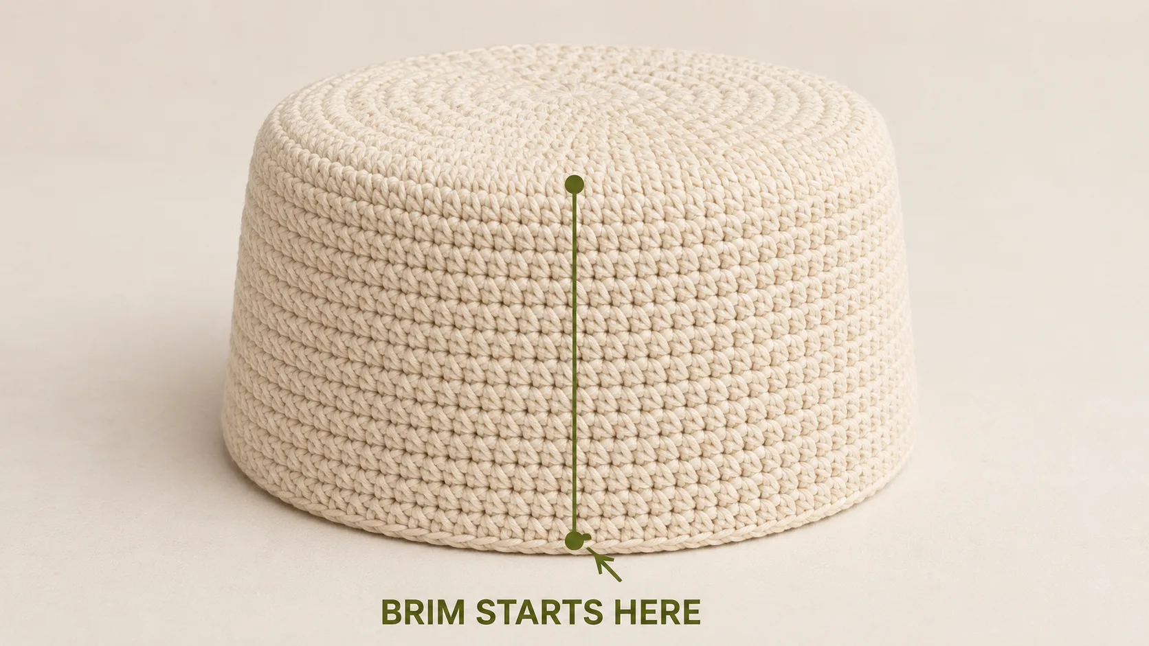 Crochet hat side depth measured from the center top to the lower edge.