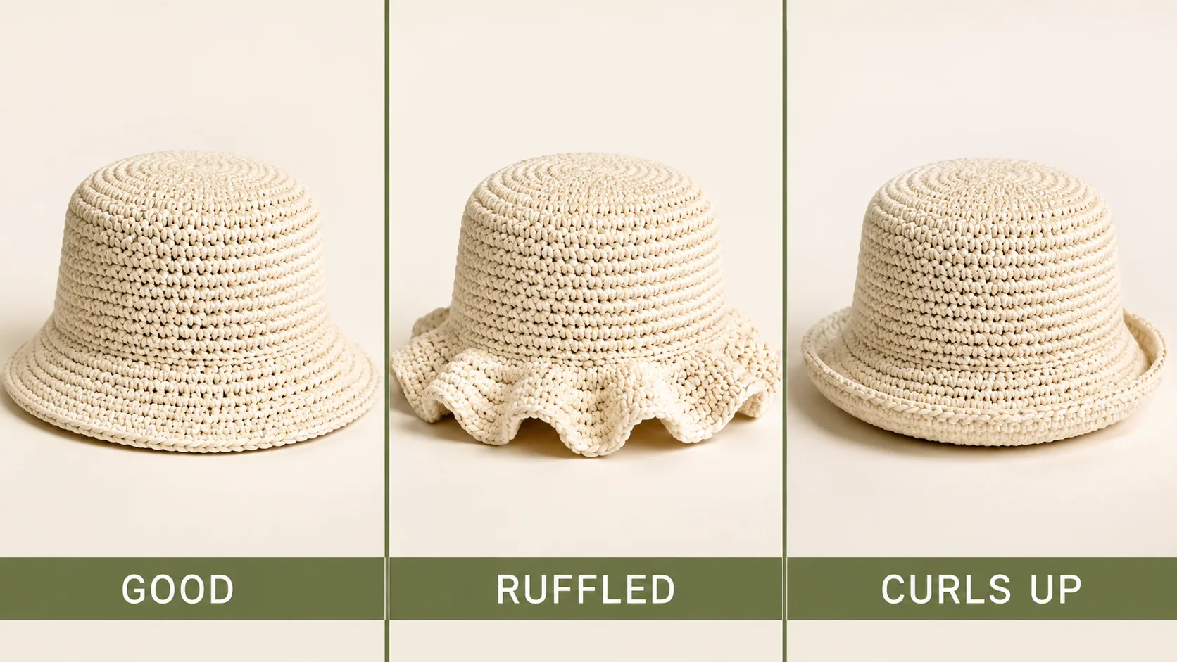 Comparison of a smooth brim, a heavily ruffled brim, and an upward-curling brim.