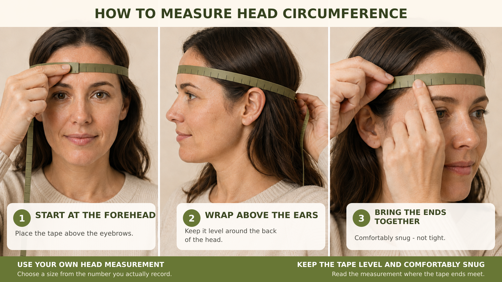 Three-step demonstration of measuring head circumference with a flexible tape.