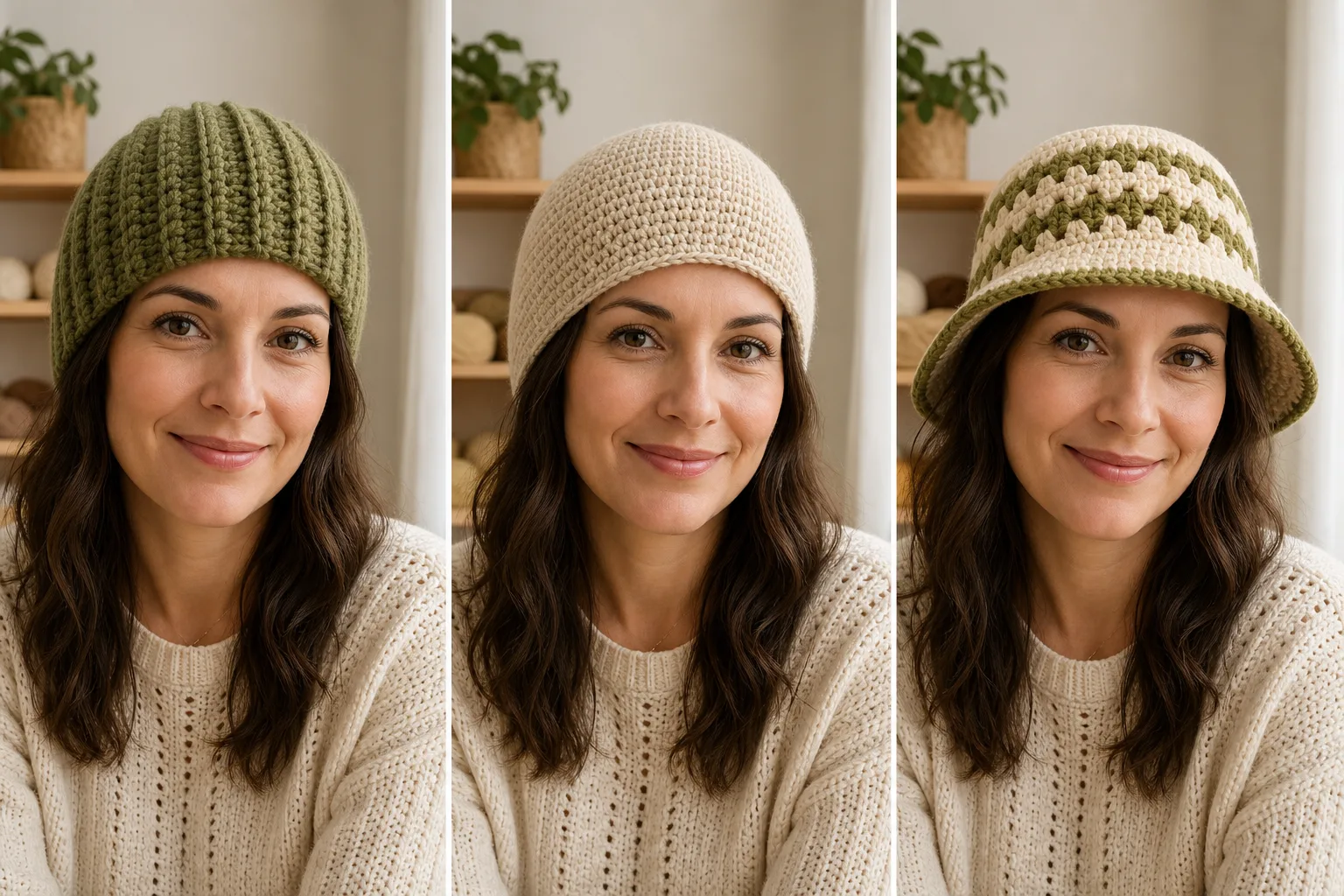 Figure 2. Three crochet-hat styles: a ribbed beanie, a smooth fitted hat, and a structured bucket hat. Each fabric may need a different amount of ease.