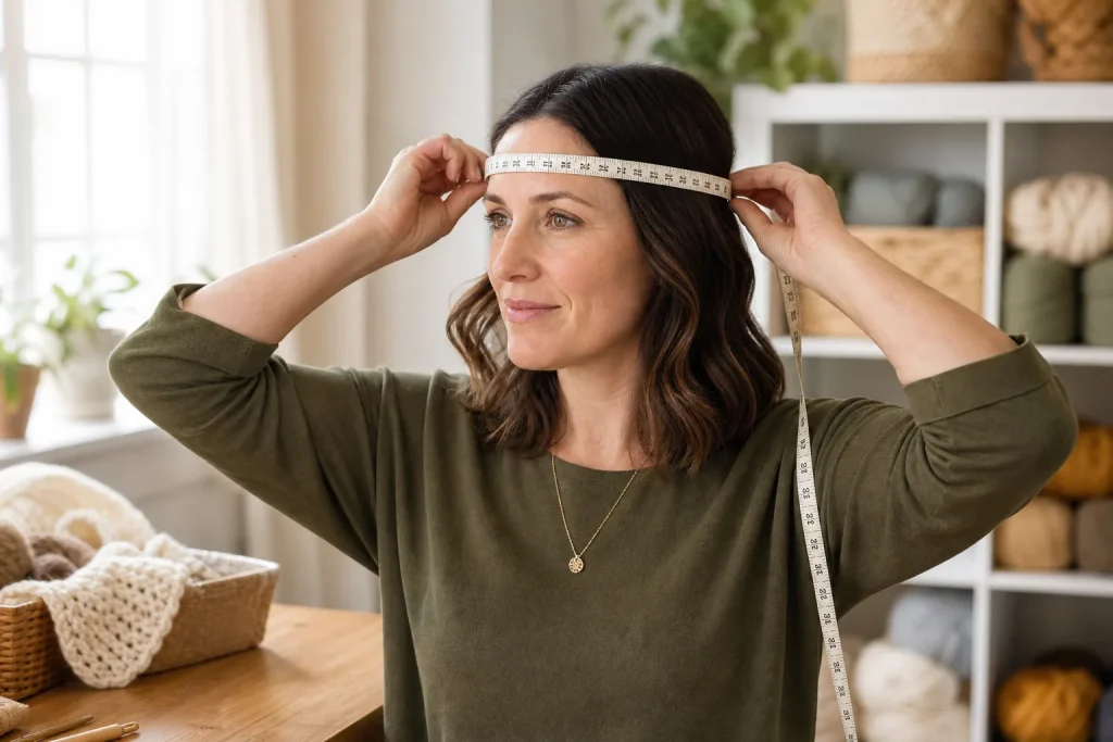 Figure 1. Keep the measuring tape level around the fullest part of the head, above the eyebrows and ears.