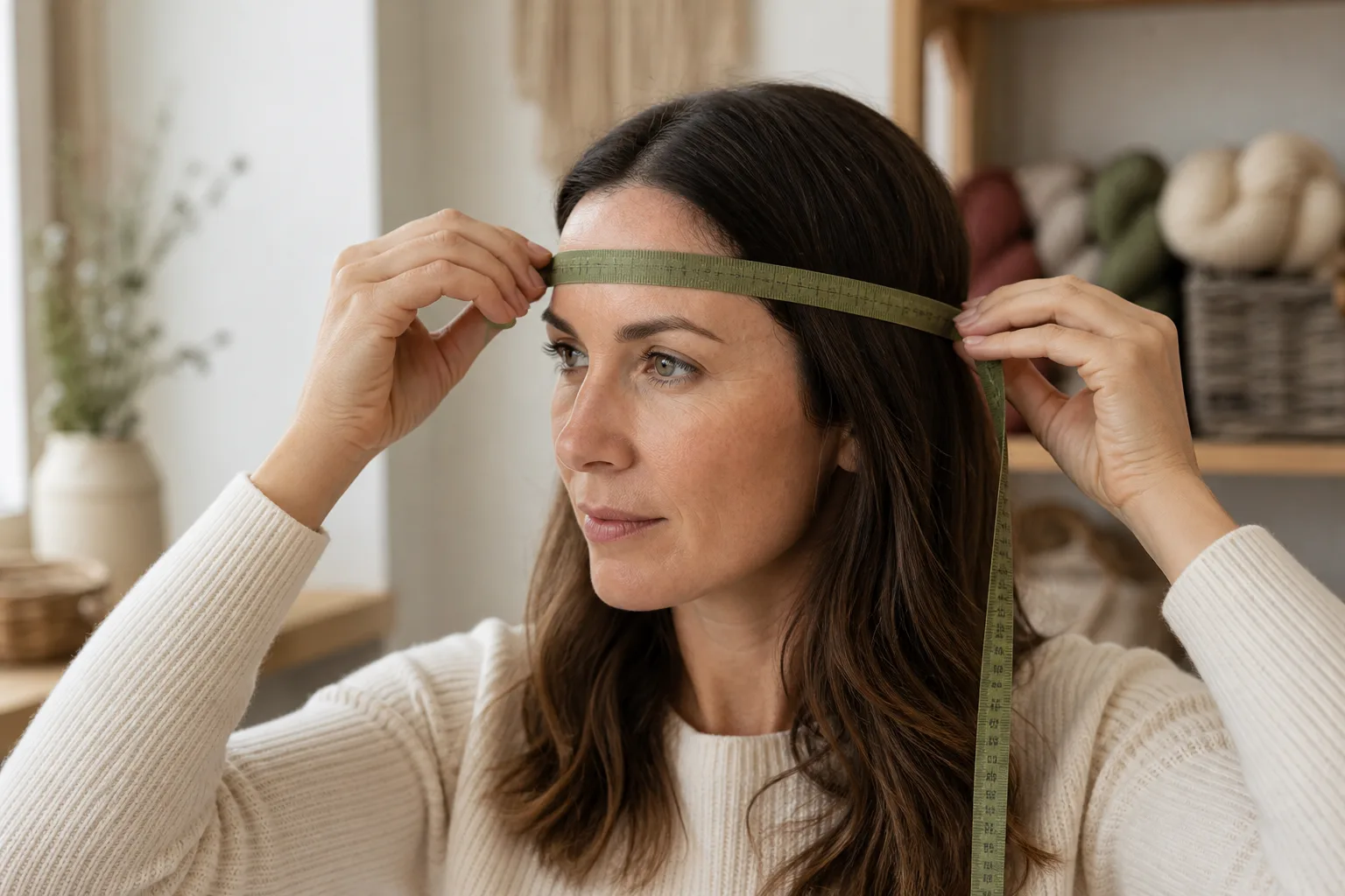 Adult woman correctly measuring head circumference with a flexible tape in a craft room.