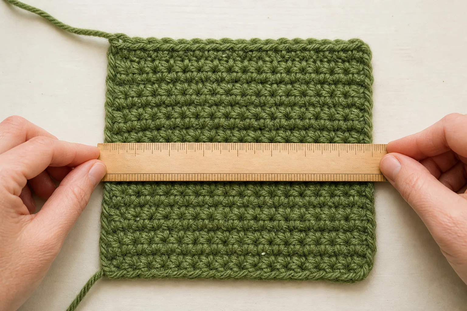 Adult hands measuring the relaxed center of a moss-green crochet gauge swatch with a ruler.