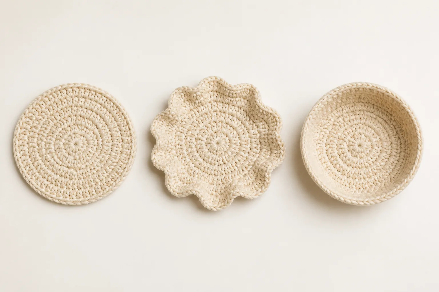 Three cream crochet crown samples showing flat, ruffled, and cupped shapes.