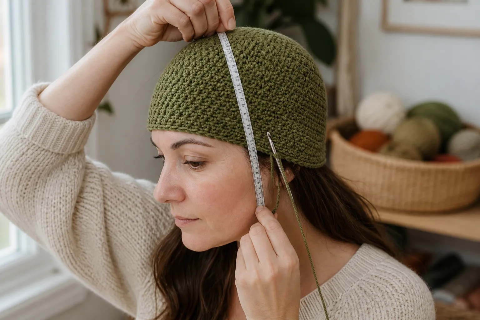 Adult woman wearing an in-progress moss-green crochet beanie and measuring its depth.