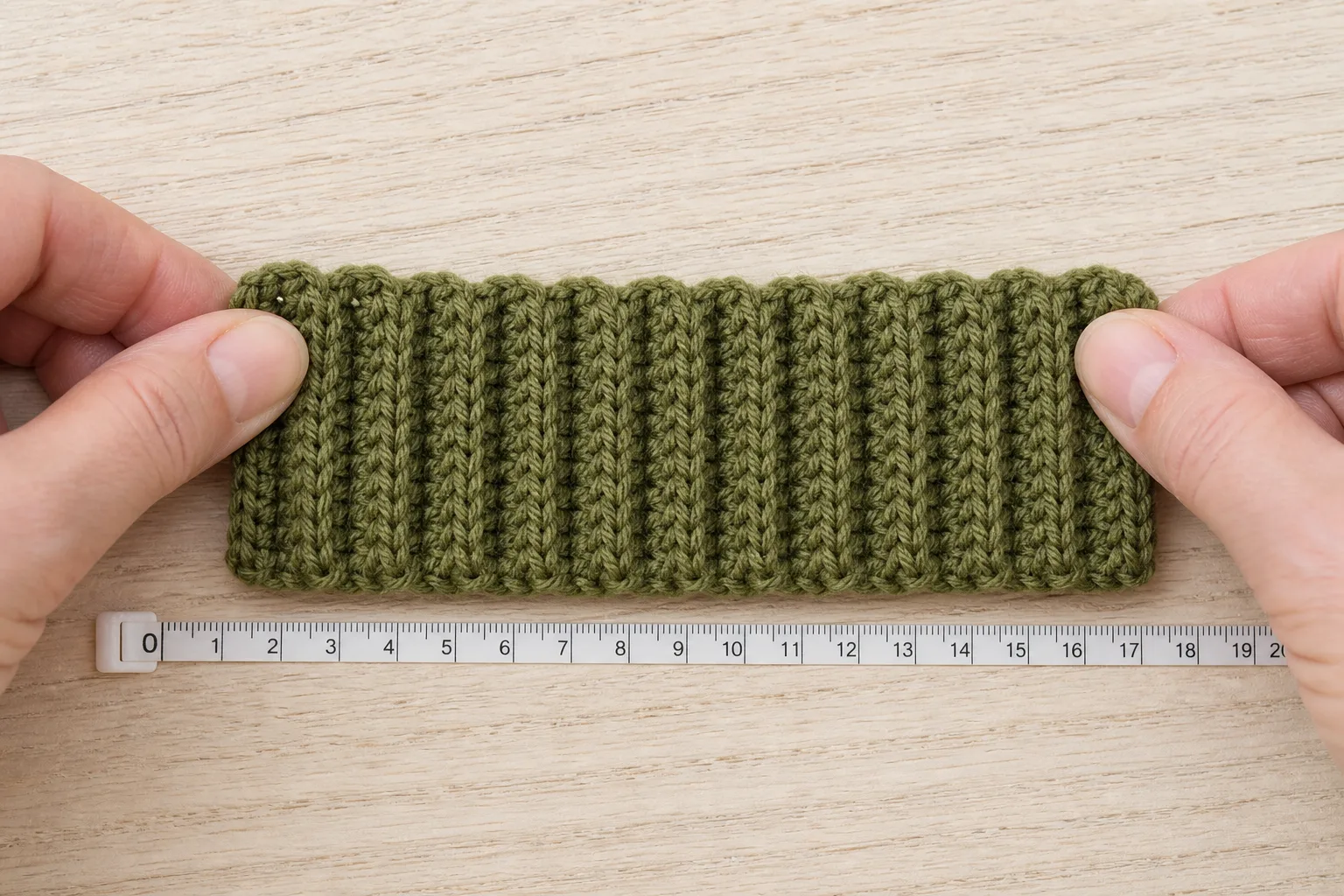 Adult hands gently stretching a moss-green ribbed crochet swatch above a measuring tape.
