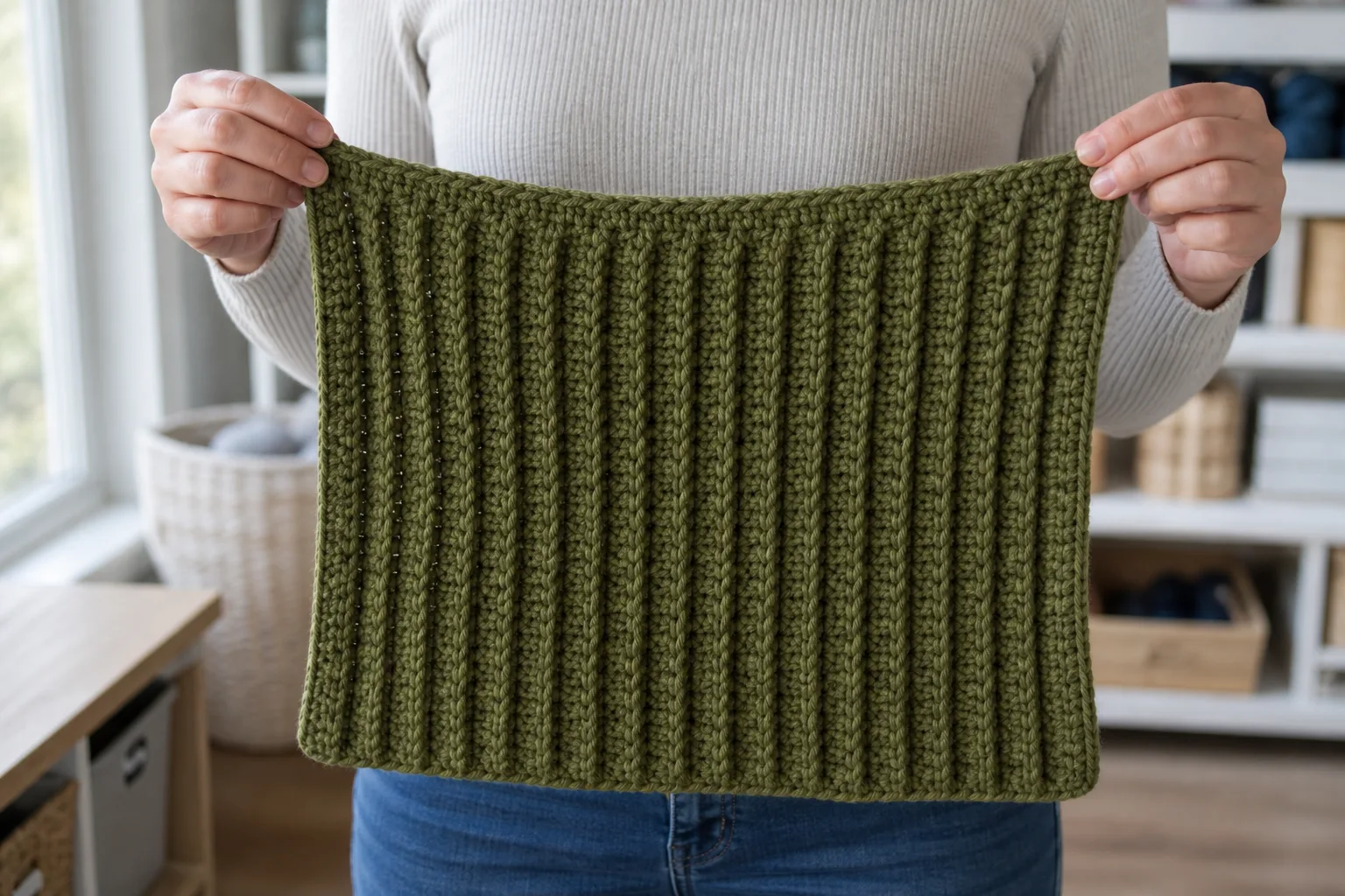Adult crafter holding a full flat moss-green ribbed crochet beanie panel before seaming.