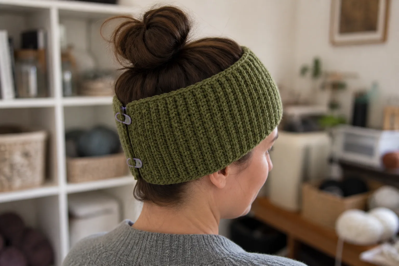 Adult woman trying on an unfinished ribbed crochet beanie panel temporarily joined with stitch markers.