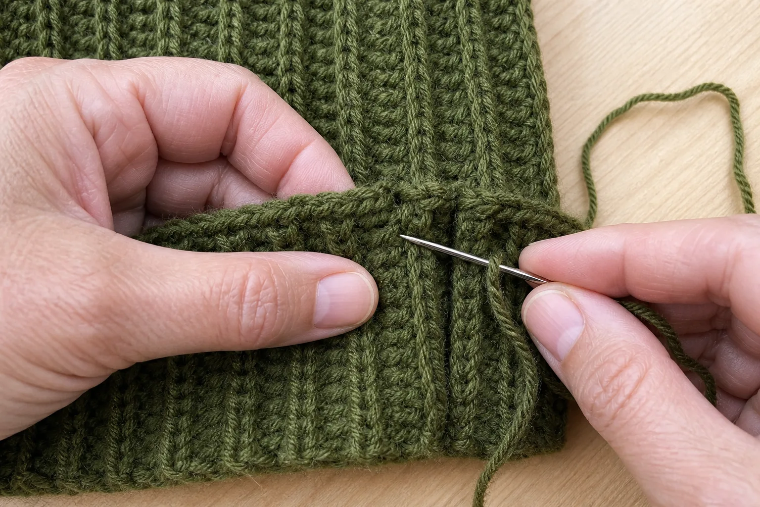 Adult hands sewing corresponding edge bars of a moss-green ribbed crochet panel with a yarn needle.