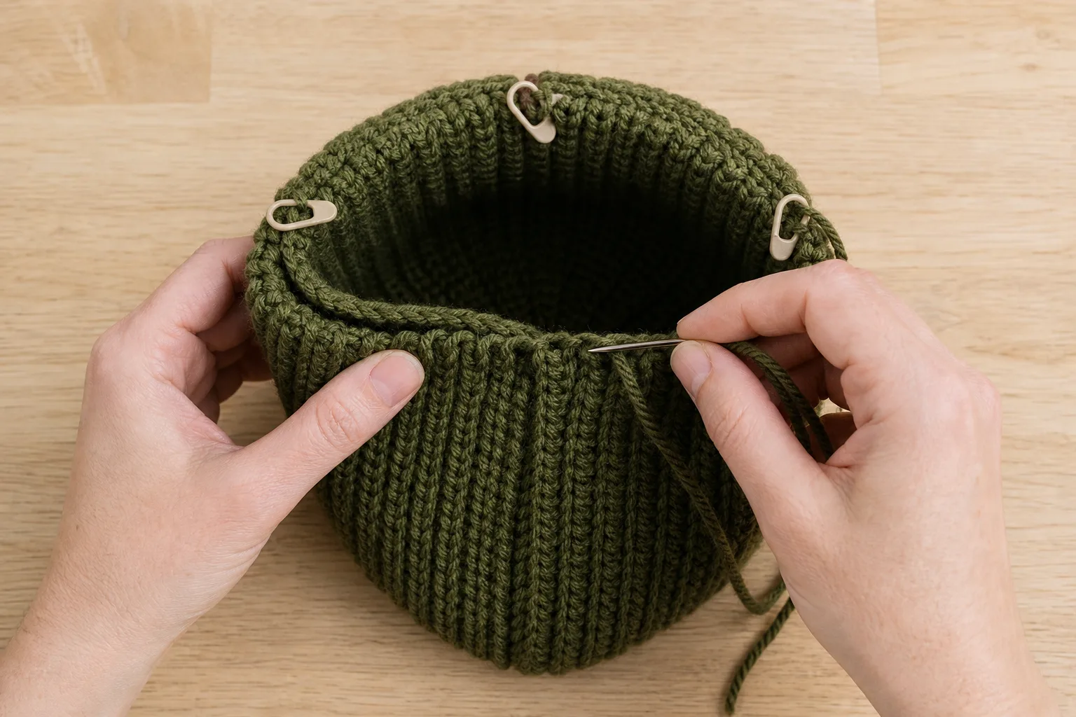 Adult hands preparing to gather the crown edge of a ribbed crochet beanie tube divided with stitch markers.