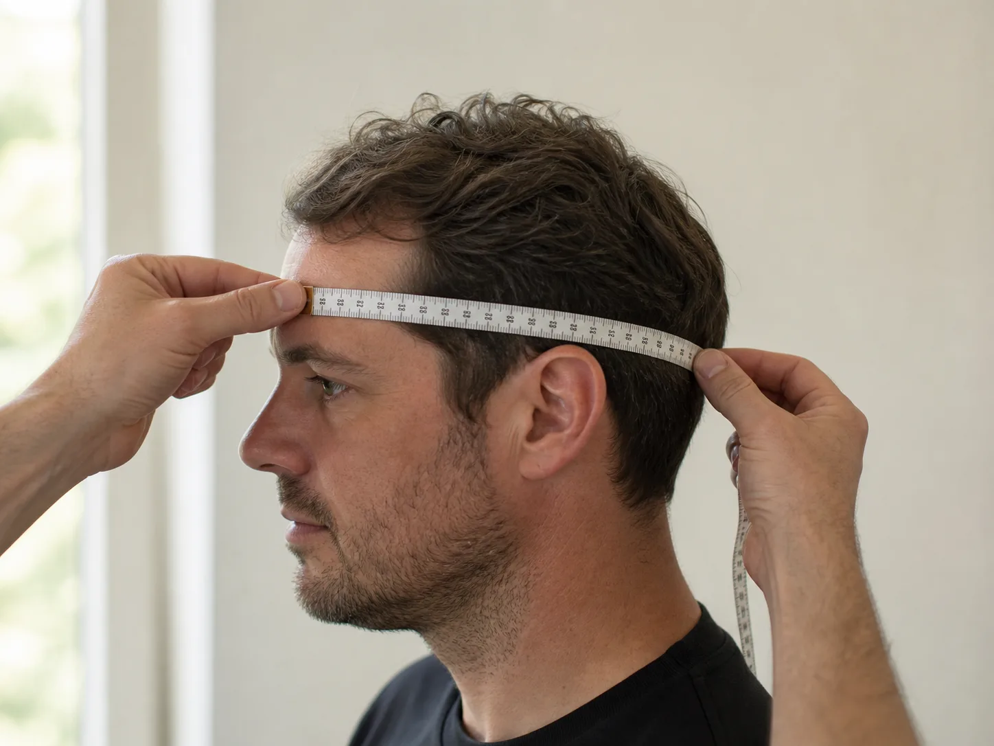 Adult man having his head circumference measured with a flexible tape above the eyebrows and around the fullest back of the head.