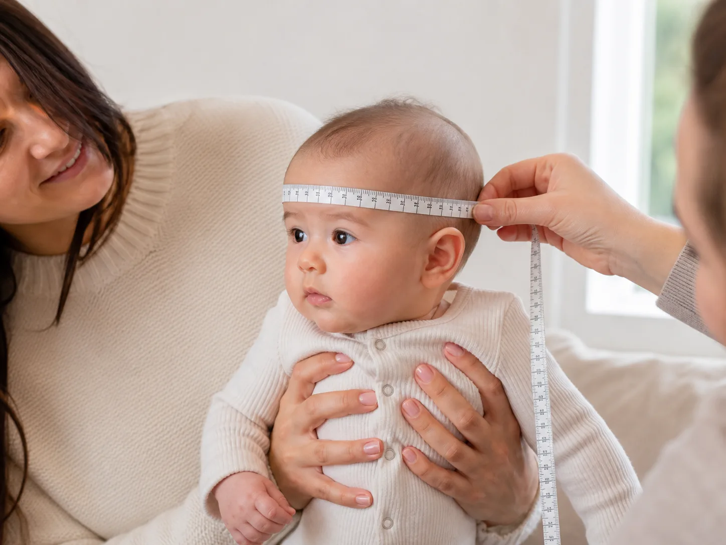 Awake baby supported on a caregiver's lap while another adult measures head circumference with a flexible tape.