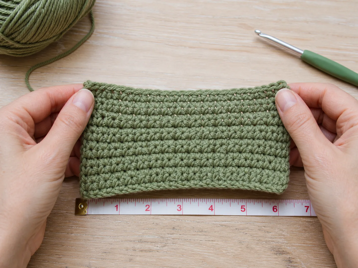 Hands holding a sage half double crochet swatch above a measuring tape on a light wood table.