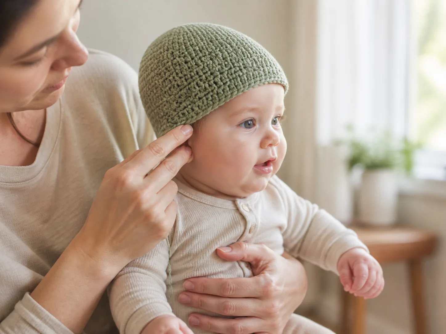Caregiver holding an awake baby and checking the lower edge of a plain sage crochet beanie near the ear.