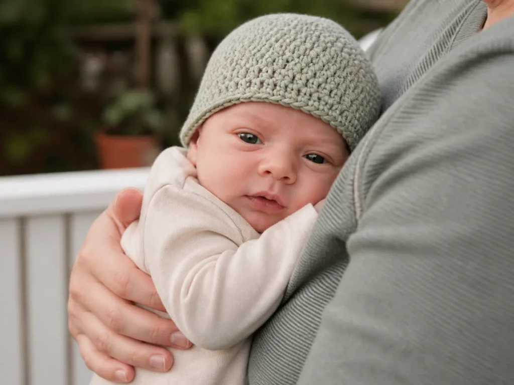 Awake newborn held upright against a caregiver's chest outdoors while wearing a plain oatmeal-sage crochet beanie without ties or decorations.