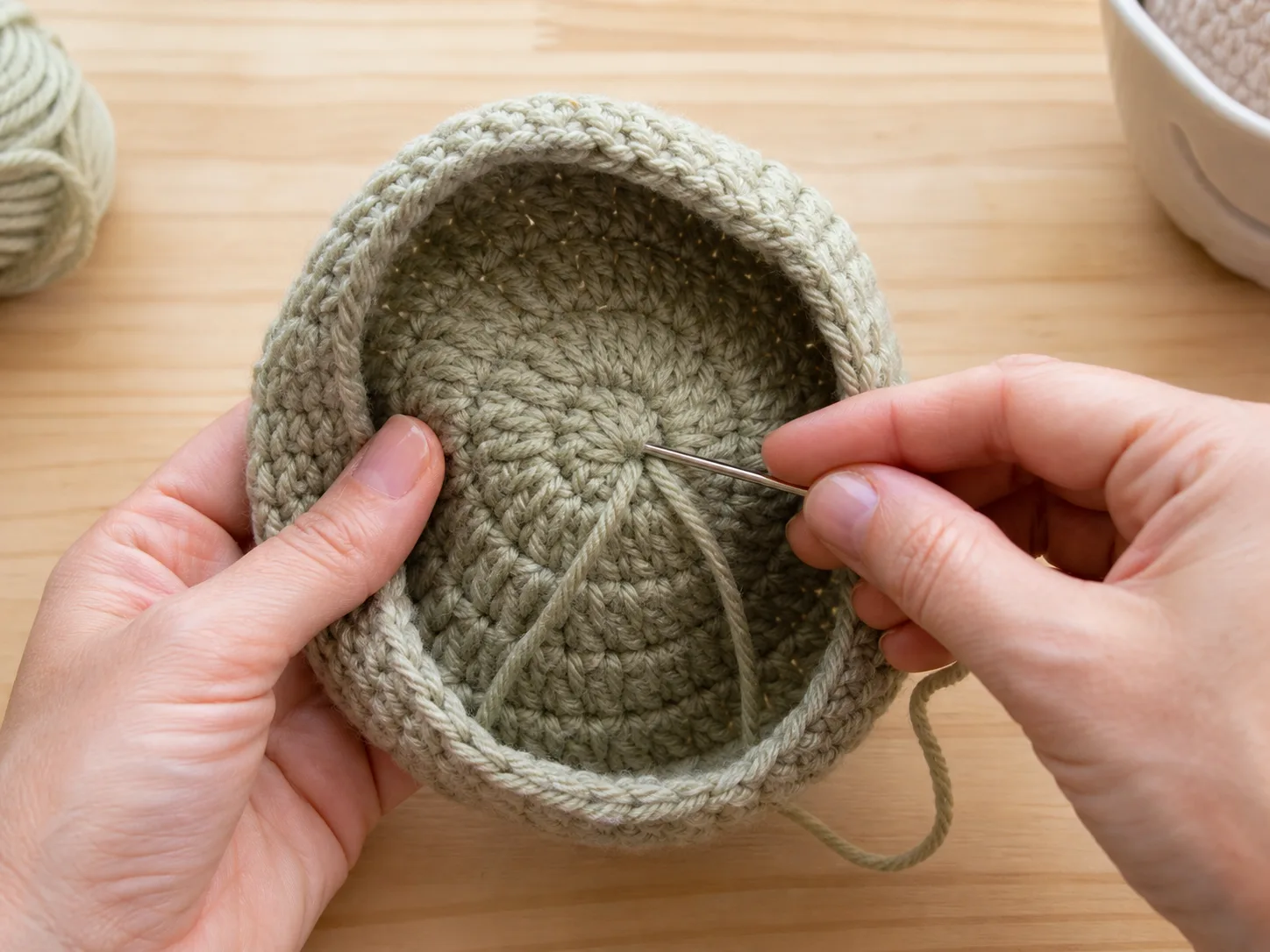 Adult hands weaving a yarn tail with a blunt tapestry needle through the inside crown of a plain newborn crochet beanie.