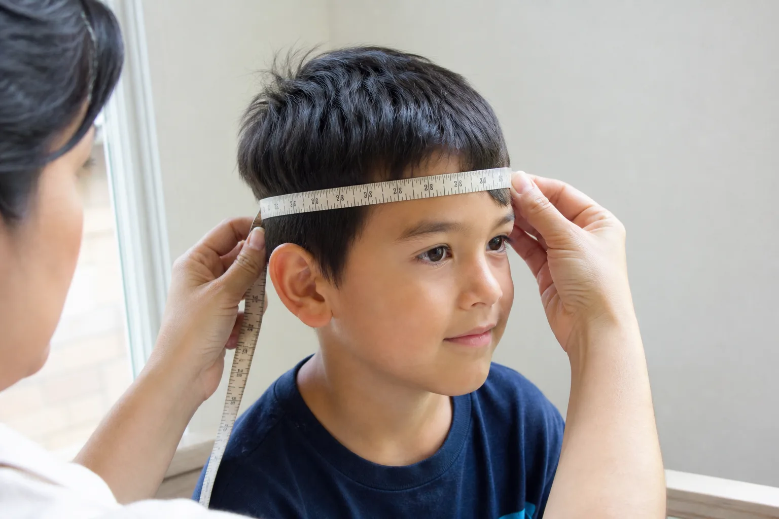 Caregiver using a flexible tape to measure an awake child's head around the forehead and above the ears in a bright home.