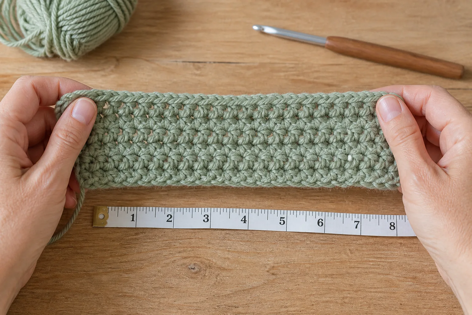 Adult hands gently stretching a sage-green half-double-crochet swatch above a flexible tape on a wood table.