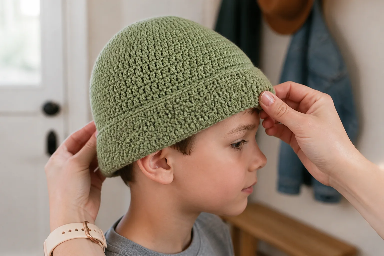 Caregiver hands adjusting the folded cuff of a plain sage-green crochet beanie on an awake child's head indoors.