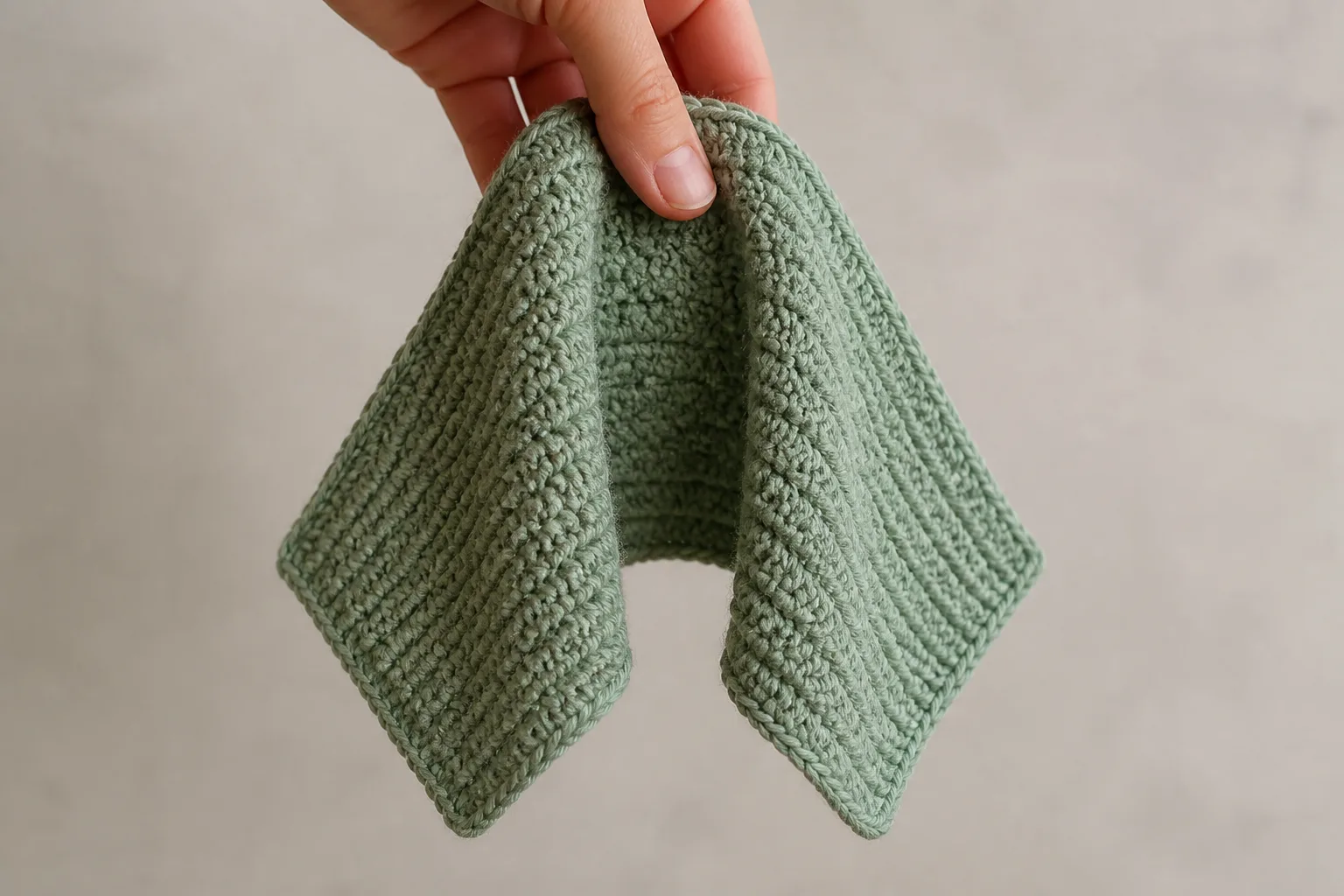 Hand holding the top center of a sage crochet swatch while both sides fall freely into a soft U-shaped fold.