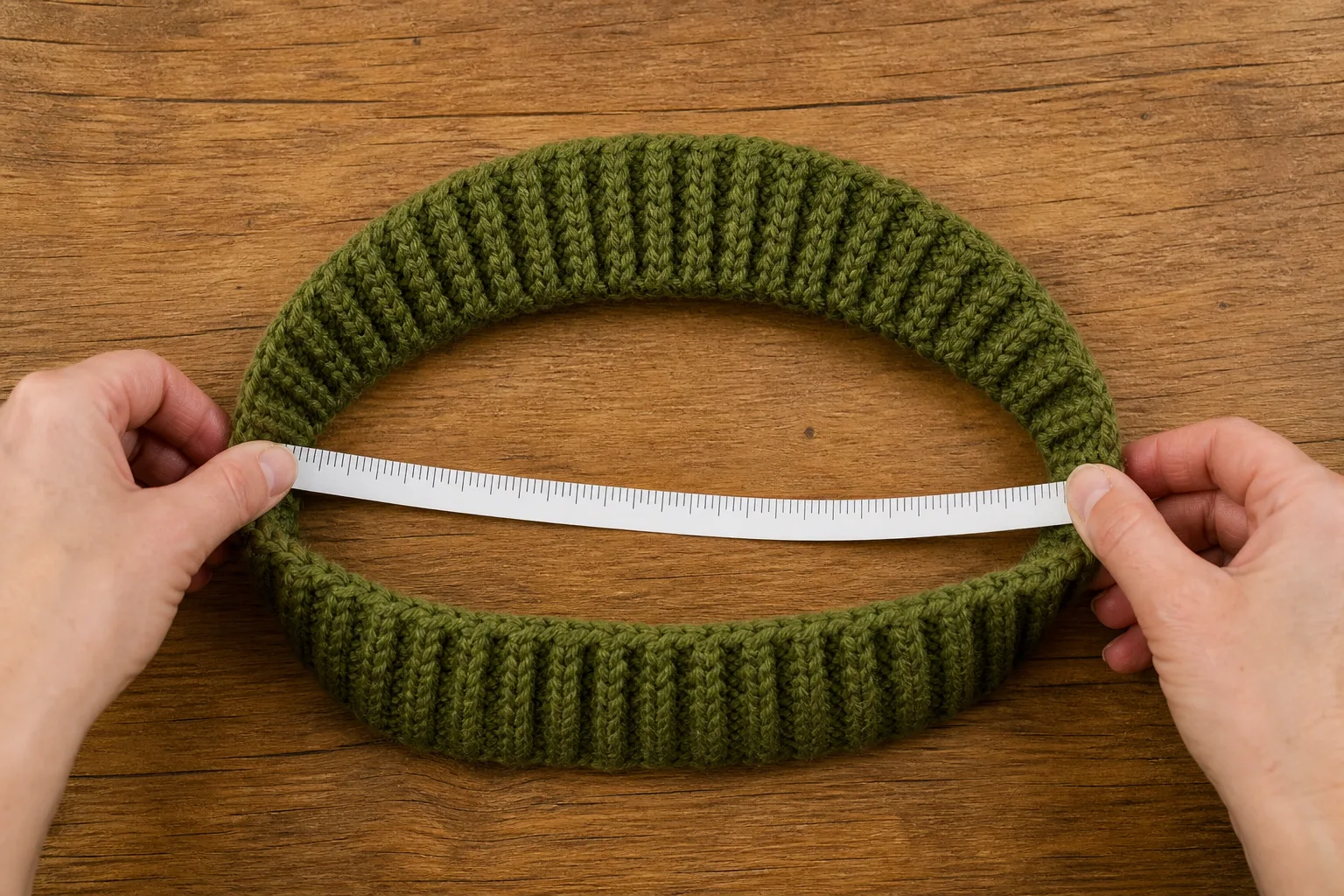 Adult hands measuring a relaxed joined olive crochet ribbed band on a wood tabletop with a flexible tape.