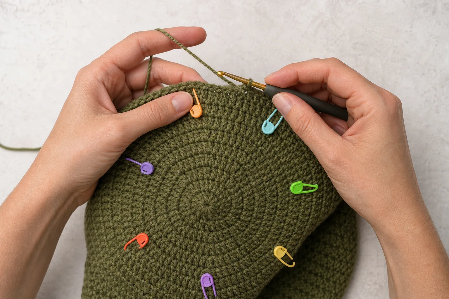 Adult hands crocheting an olive beanie crown with multiple colored removable stitch markers dividing the narrowing crown into even sectors.