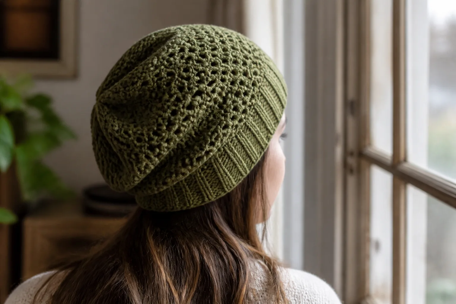 Adult woman viewed from the back by a window wearing a muted olive crochet slouchy beanie with a secure ribbed band and soft back drop.