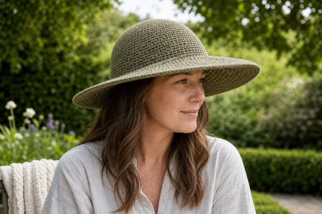 Adult woman outdoors wearing a muted olive handmade crochet sun hat with a dense rounded crown and broad flat brim.
