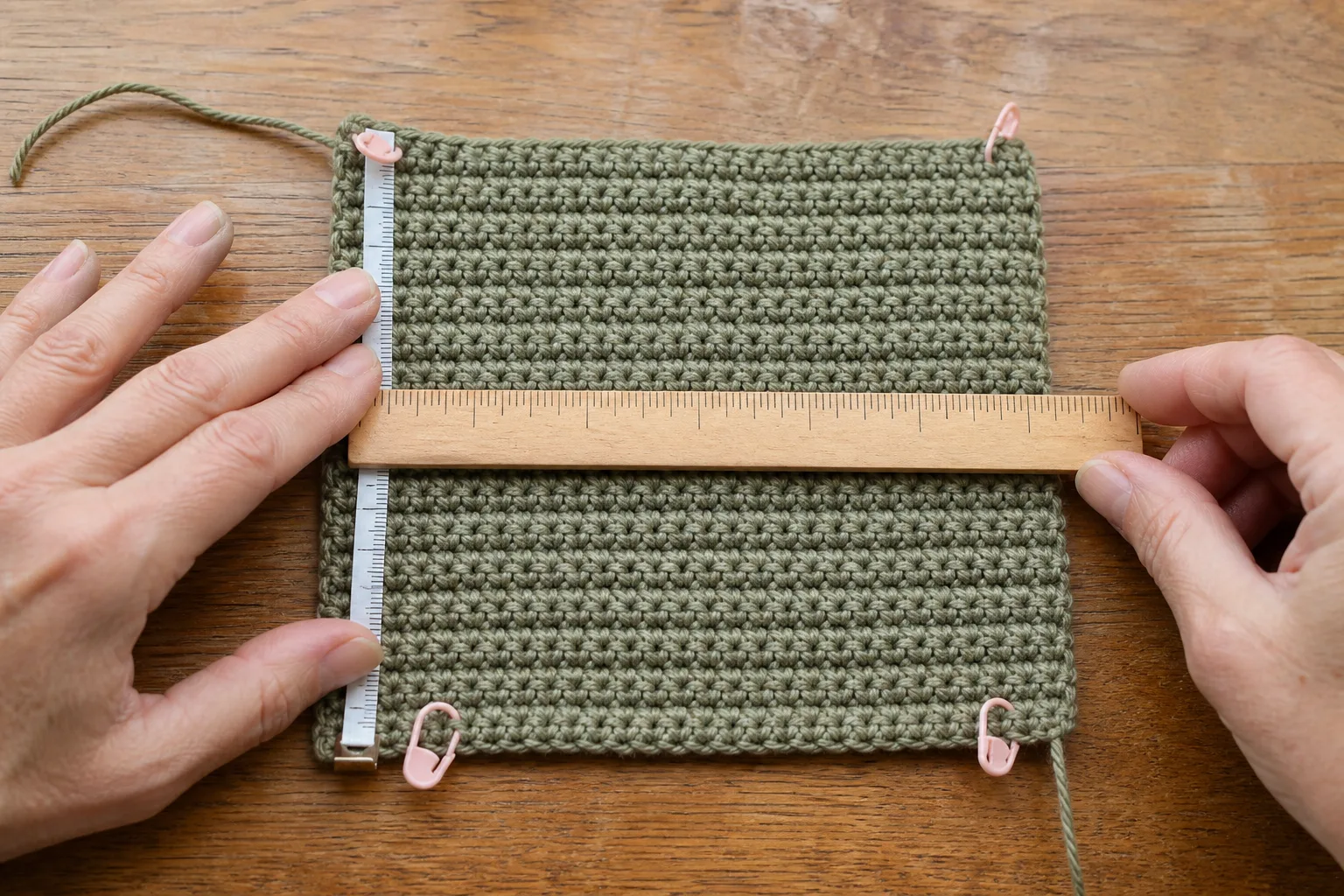 Adult hands measuring horizontal stitch gauge and vertical row gauge on a dense olive single-crochet swatch.