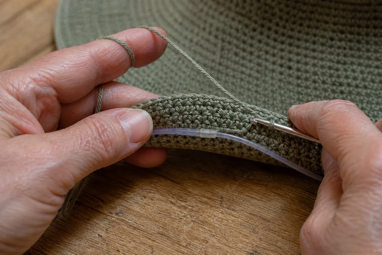 Adult hands crocheting over translucent nylon brim cord at the outer edge of an olive crochet sun-hat brim, with the connector covered.