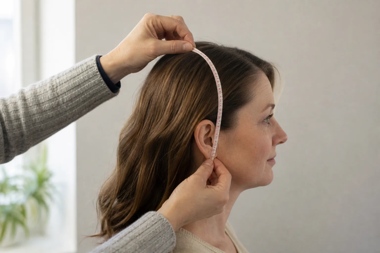 Adult in side profile while hands measure along the curved head surface from crown center to lower ear with a soft tape.