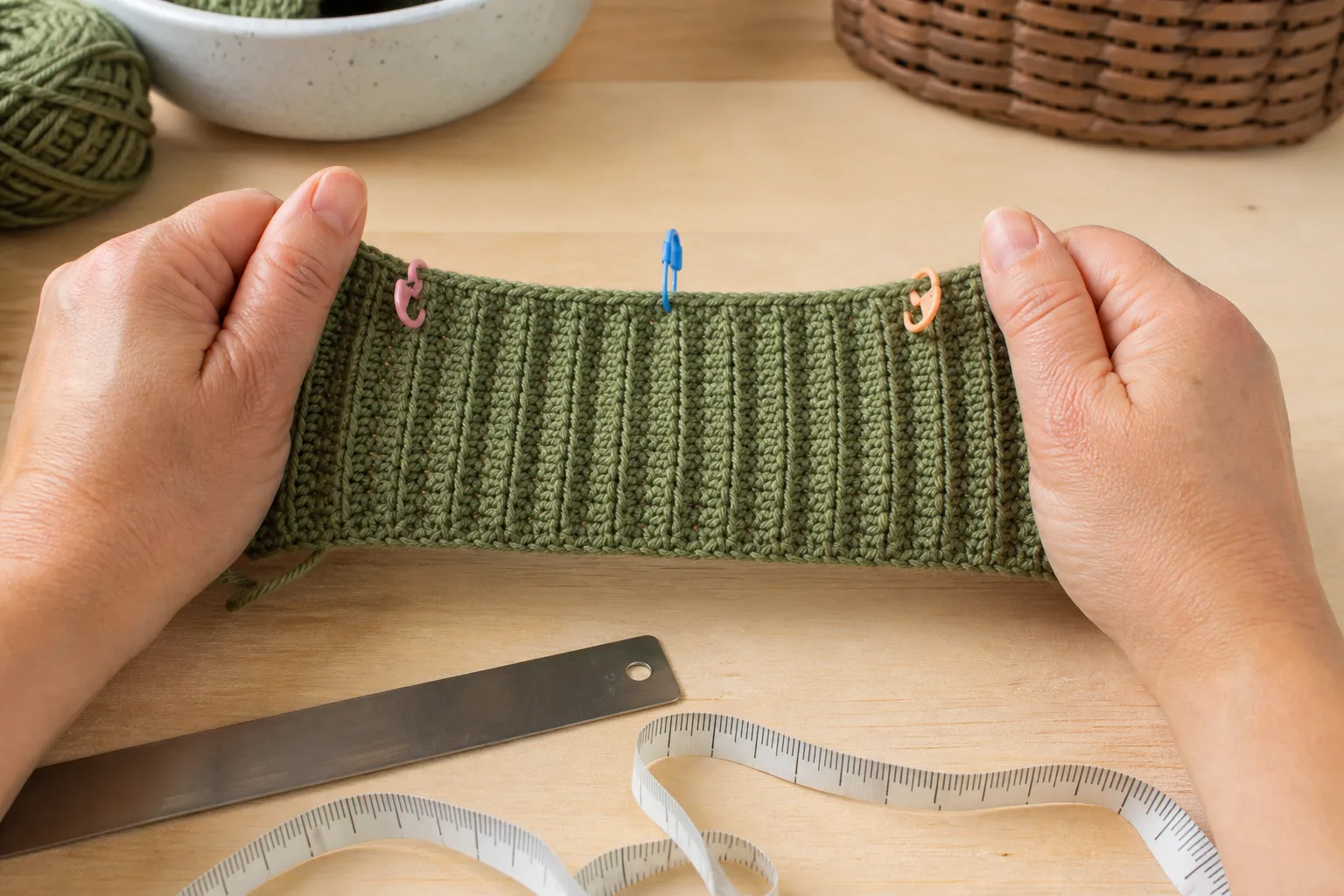 Adult hands gently stretching an olive ribbed crochet swatch with markers, ruler and measuring tape on a craft table.