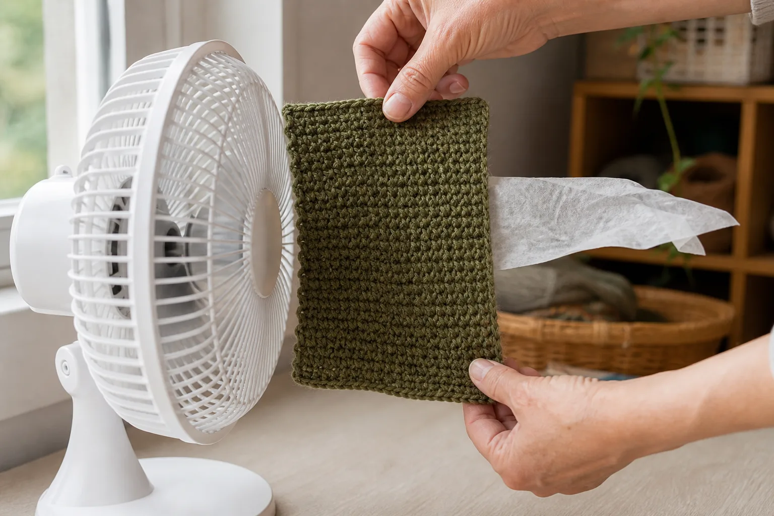 Adult hands holding a dense olive crochet swatch between a small desk fan and a lightweight tissue ribbon.
