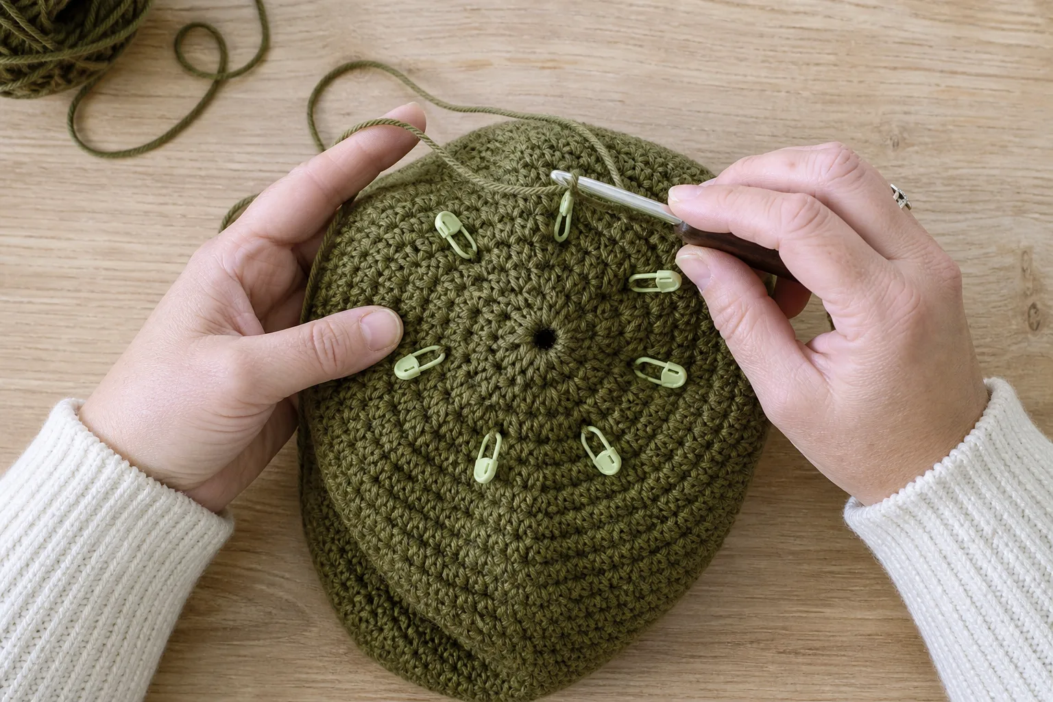 Adult hands crocheting the crown decreases of an olive winter beanie viewed from overhead, with eight stitch markers dividing the rounded crown.