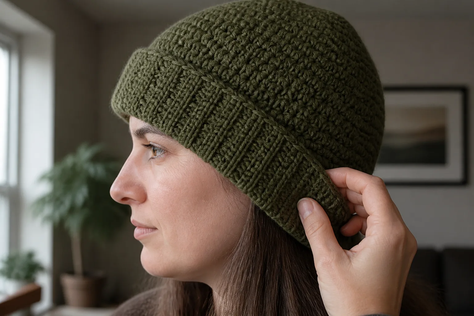Adult woman in profile wearing an olive crochet winter hat while a hand adjusts the folded cuff over her ear.
