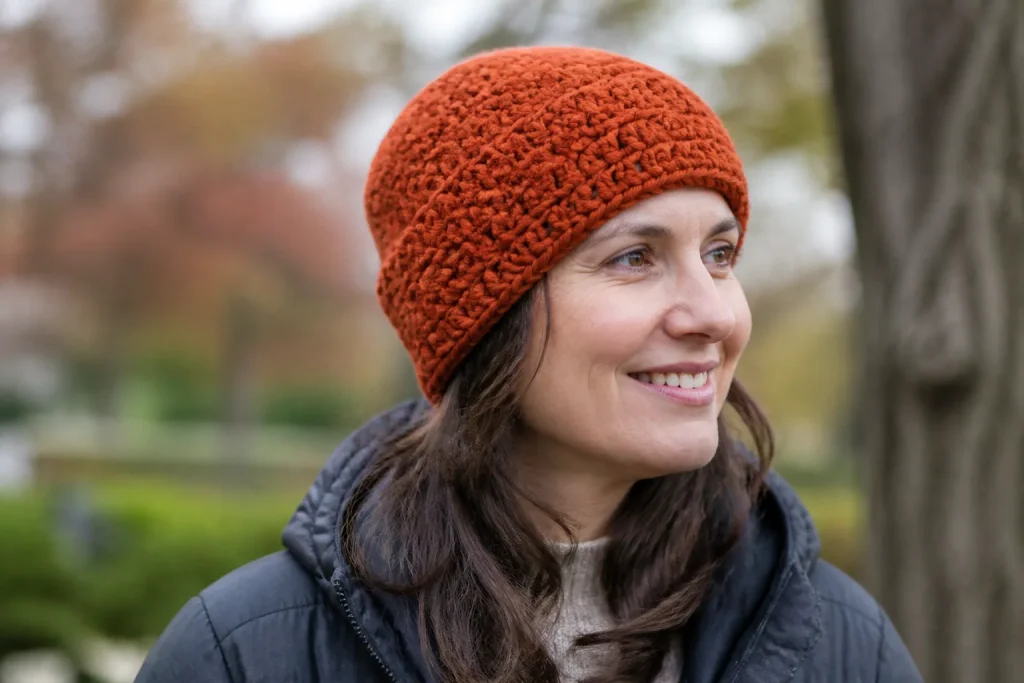 Adult woman wearing a rust-orange handmade chunky crochet beanie with a smooth rounded crown.