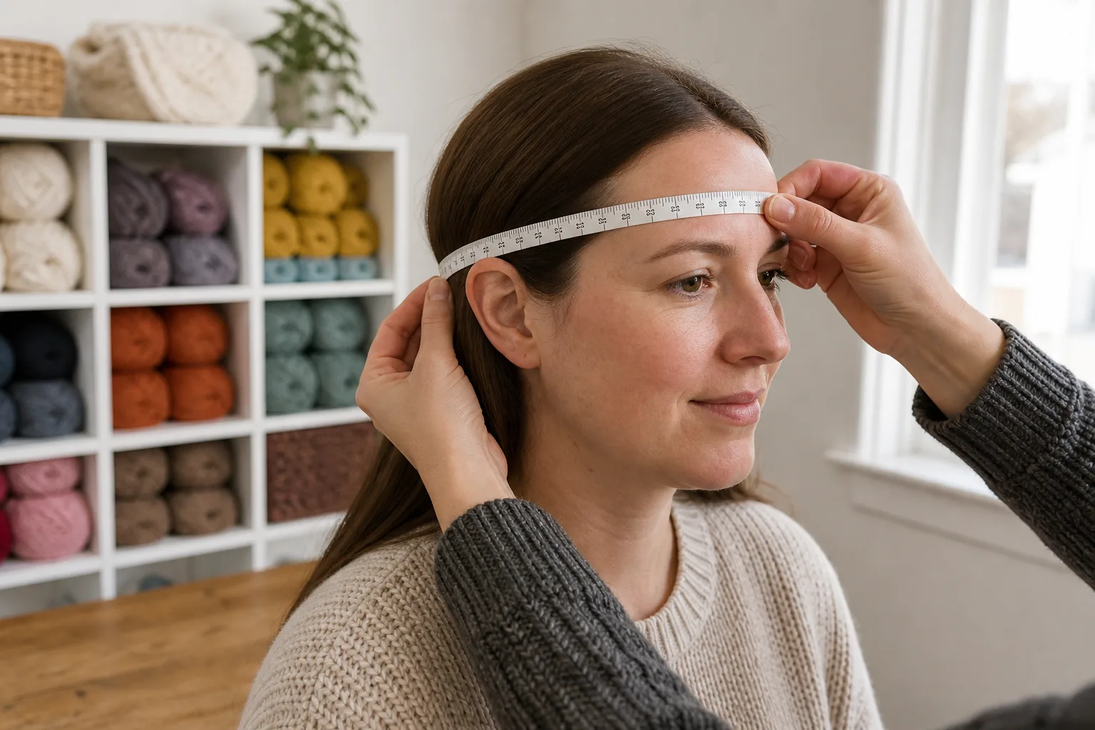 Adult wearing a soft tape around the forehead and fullest back of the head to measure head circumference.