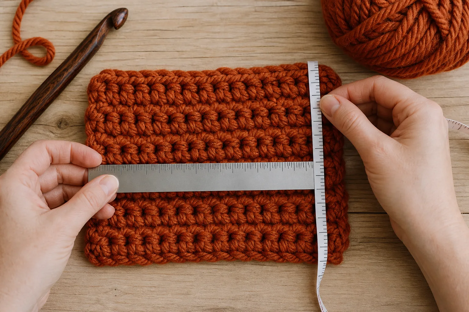 Adult hands measuring the horizontal stitch gauge and vertical round gauge of a rust chunky crochet swatch with rulers.
