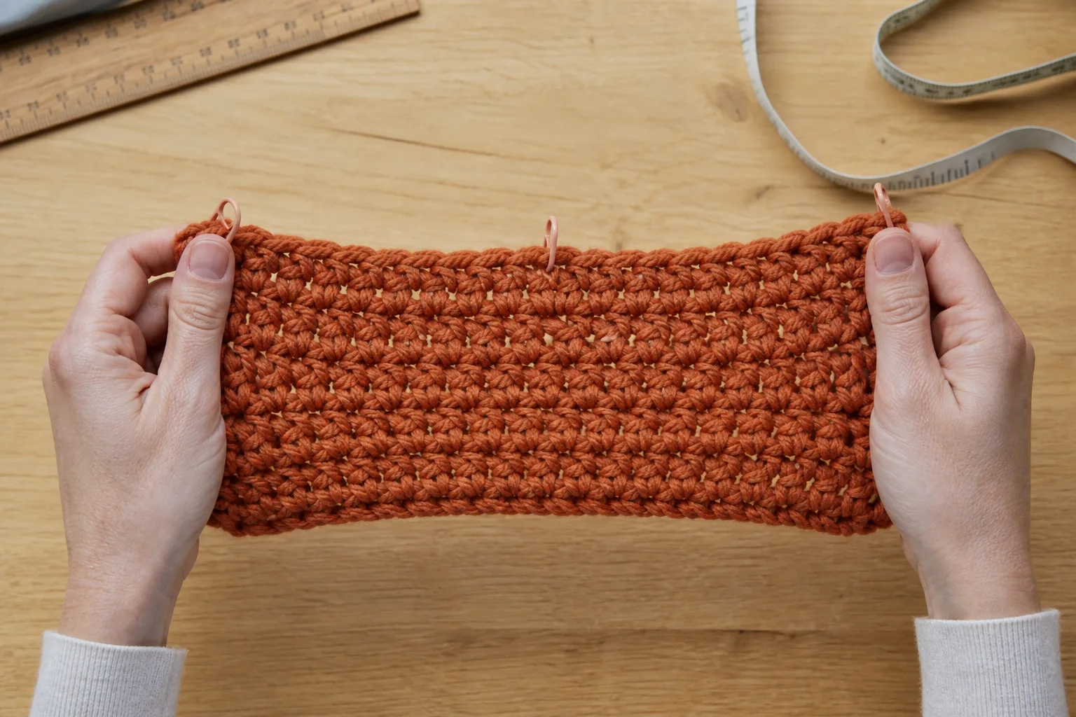 Adult hands gently stretching a rust chunky crochet swatch between markers beside a ruler.
