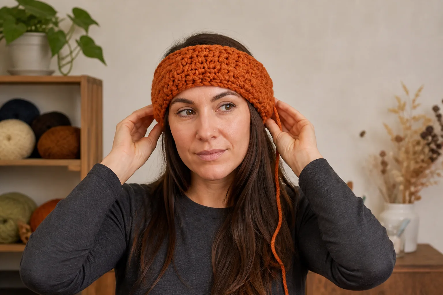 Adult woman checking an unfinished rust-orange chunky crochet hat tube around her forehead and ears.