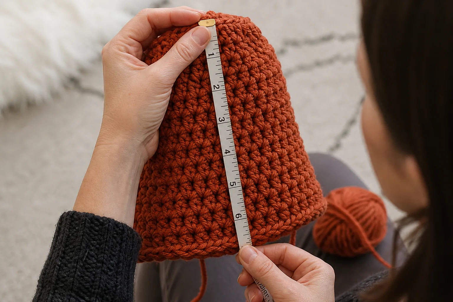 Adult hands measuring an unfinished rust-orange chunky crochet beanie vertically with a flexible tape.
