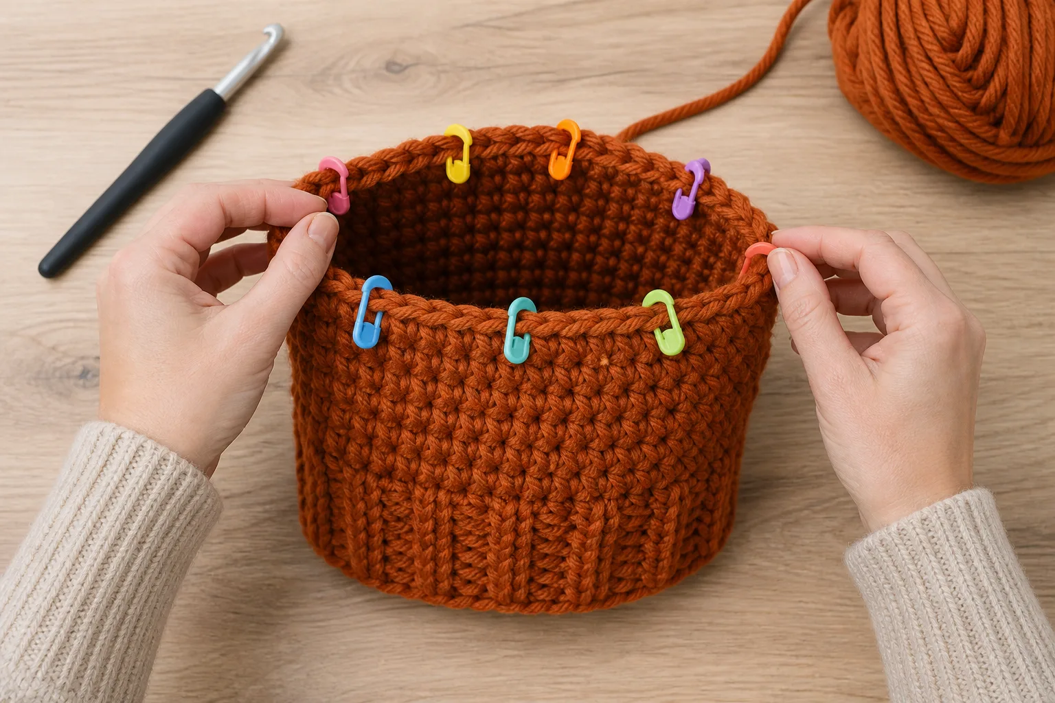 Overhead view of adult hands placing eight colorful stitch markers around an unfinished rust-orange chunky crochet beanie tube.