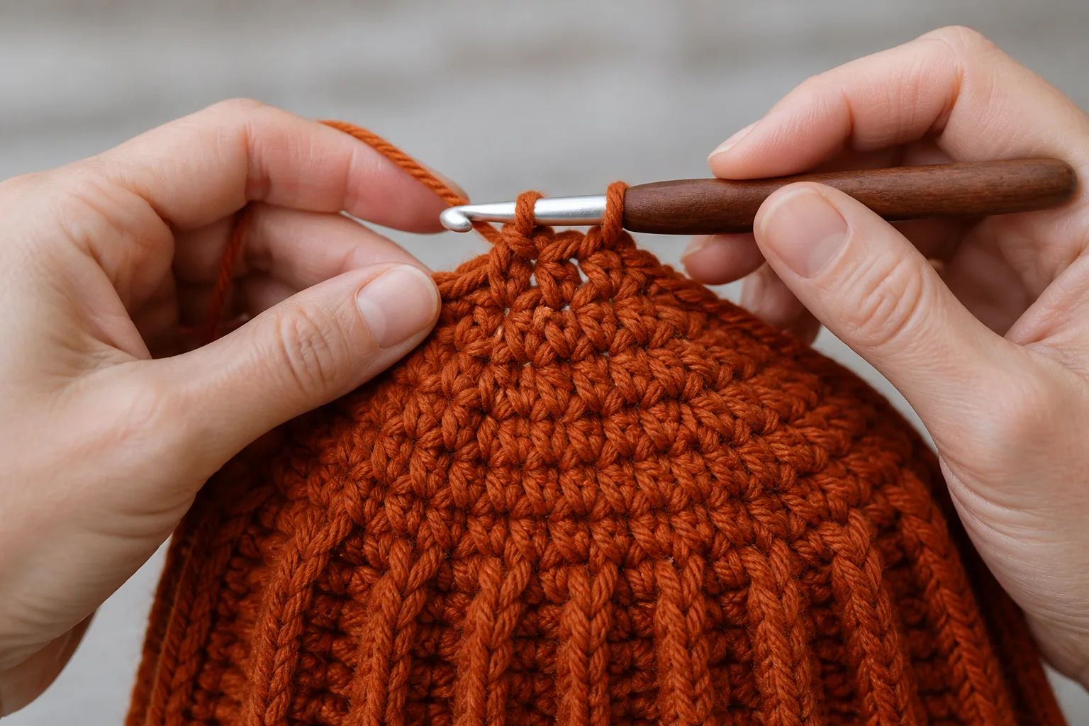 Close view of adult hands crocheting an HDC2tog decrease into the narrowing crown of a rust-orange chunky beanie.