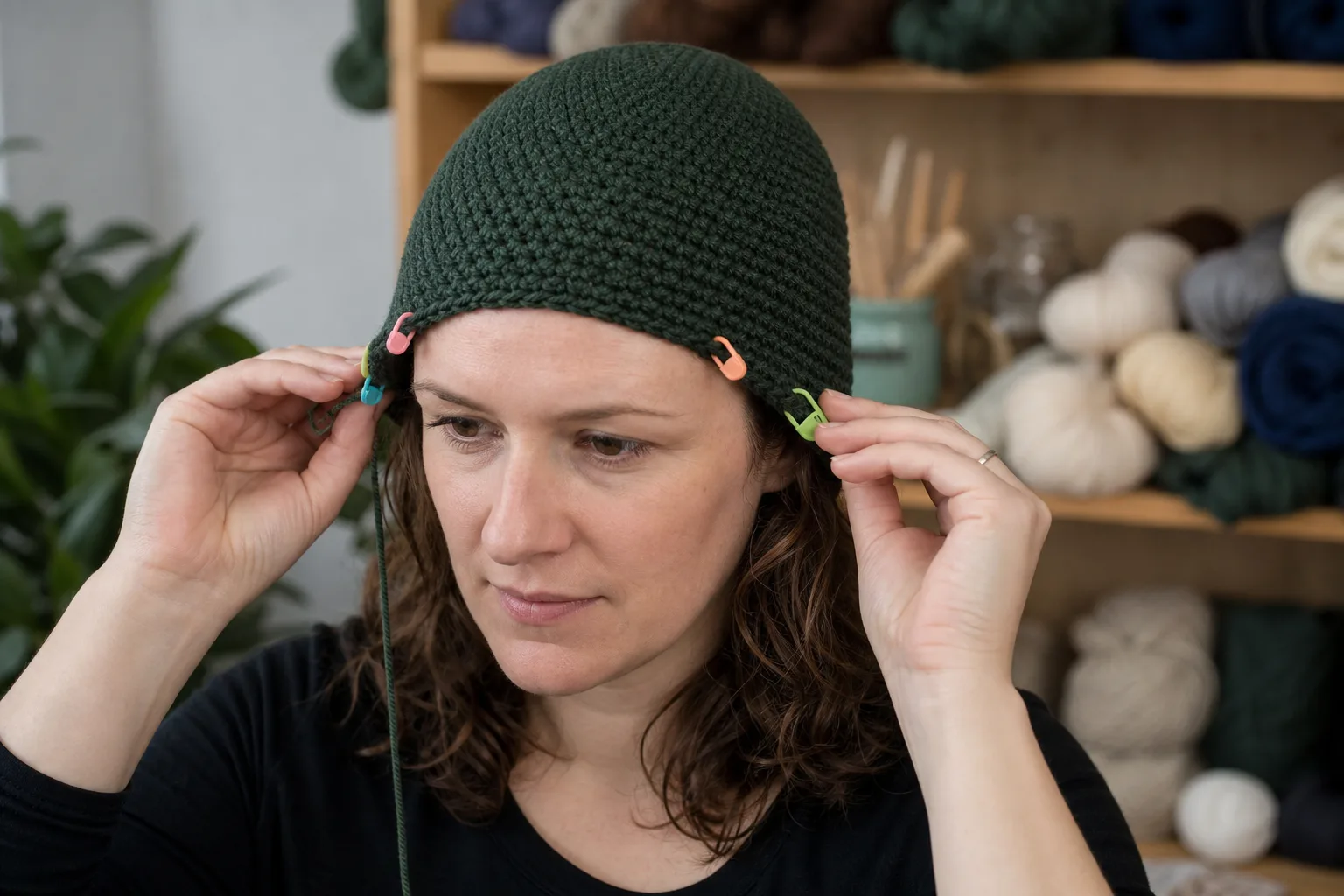 Adult wearing an unfinished forest-green crochet beanie while hands adjust four colorful boundary markers along the lower edge.