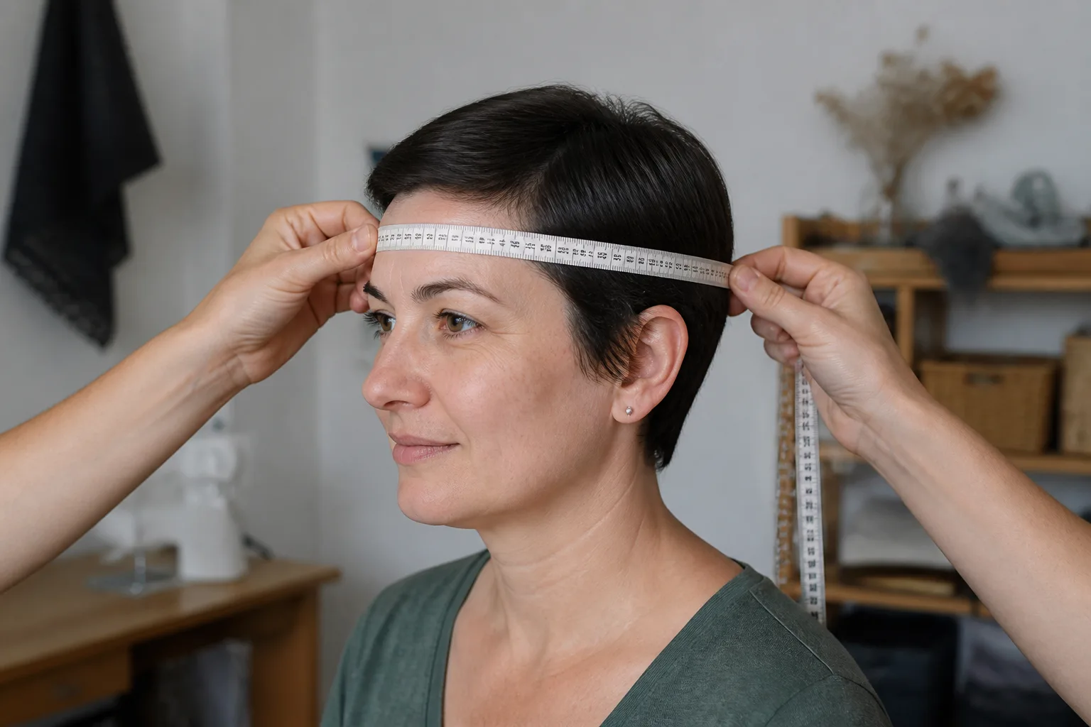 Adult person while hands measure head circumference with a soft tape around the intended hat wear line.