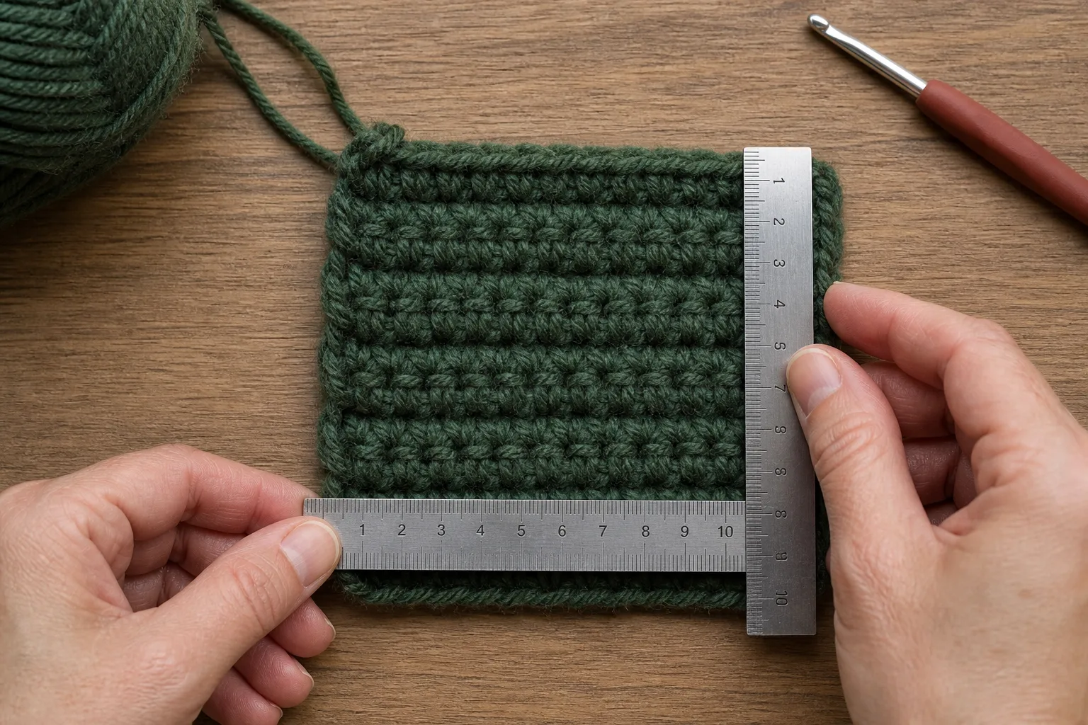 Adult hands measuring a forest-green half-double-crochet swatch horizontally and vertically with rulers.