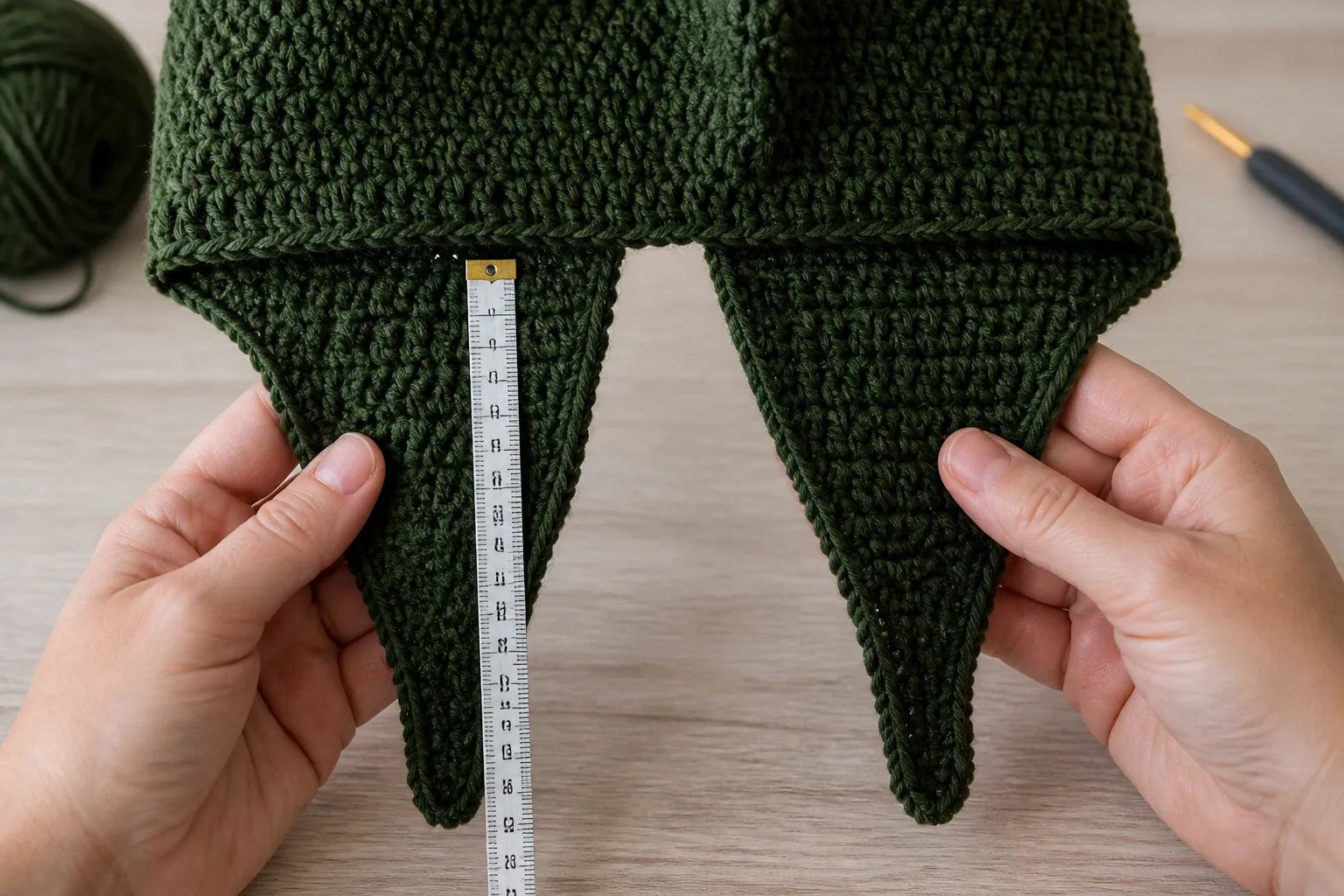 Adult hands comparing and measuring two finished tapered forest-green crochet earflaps side by side.