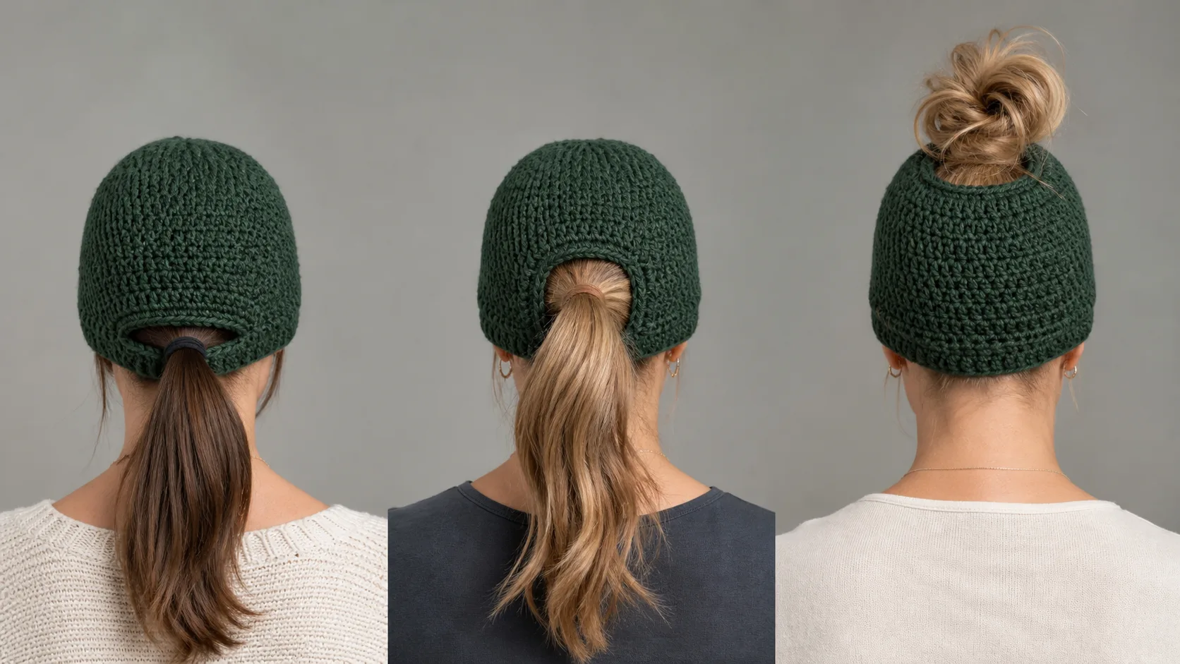 Three adult women viewed from behind wearing forest-green crochet hats with low-ponytail, mid-ponytail and high-bun openings.