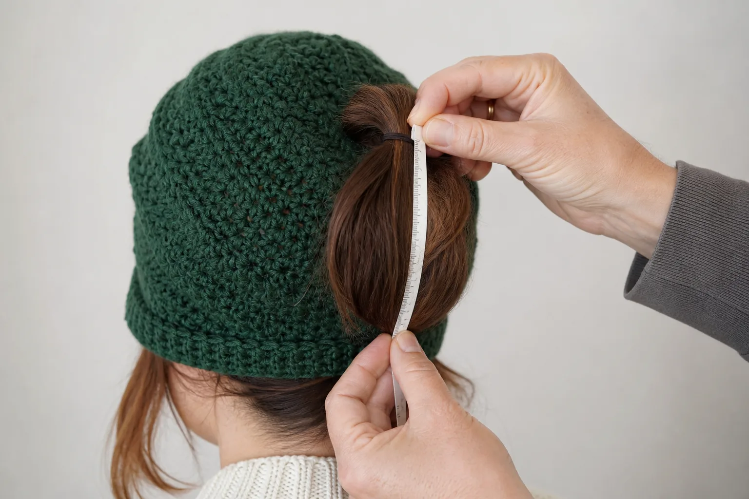 Adult wearing a green crochet hat while hands measure the hair-exit height with a soft tape.